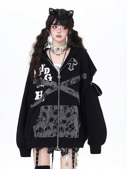 Kitten-Themed Hoodie Patches Jacket Bittersweet - Cross