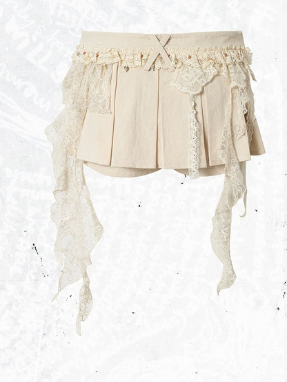 Punk Apricot Pleated Skort with Asymmetric Lace Trim - NO ROMANCE