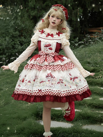 Red and Beige Gingham Mushroom Print Dress with Lace Overlay - Honey Machine