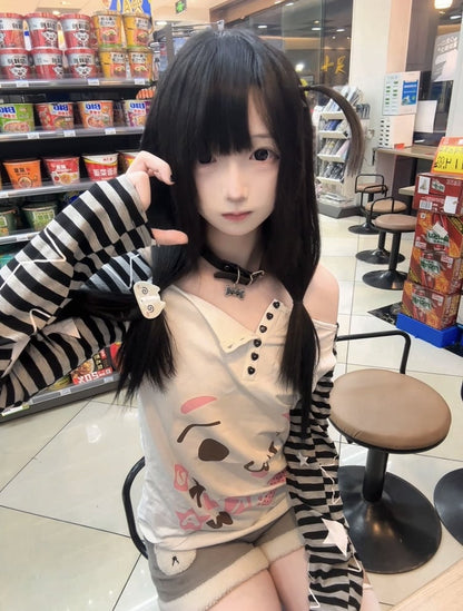 Asymmetric Striped White Partial Heart Buttons Sleeves Top: Neckline Shaped Starry Alt-Kawaii