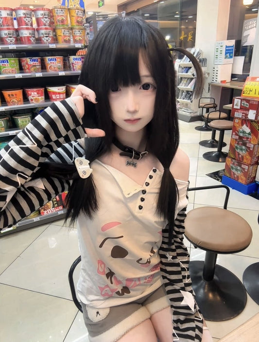 Asymmetric Striped White Partial Heart Buttons Sleeves Top: Neckline Shaped Starry Alt-Kawaii