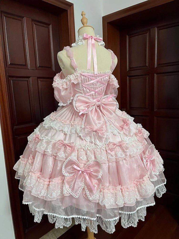 Süßes Lolita-Prinzessinnen-Perlenkleid mit Schleife und auf der Rückseite mit großen rosa Akzenten