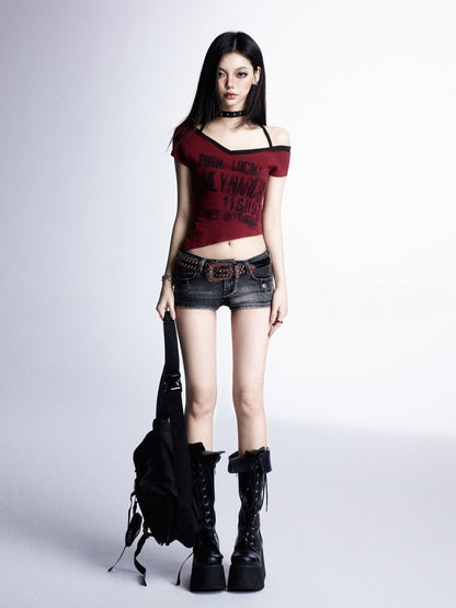 Rock and Hem Red Halter Neck Asymmetrical Neckline Graphic Cropped T-shirt Punk Y2K