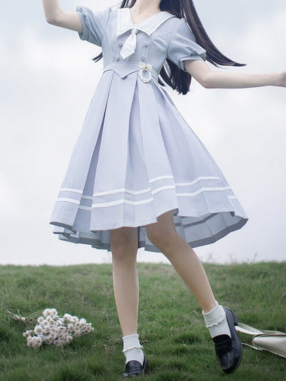 Weiß Gestreiften und Kleid Sommer Ärmeln Taille Puff Blau Gürtel mit