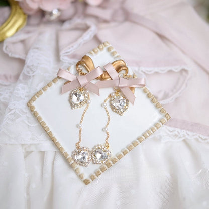 Beaded Bow Rhinestone Black/Dusty Kei Pink Earrings Jirai Chain