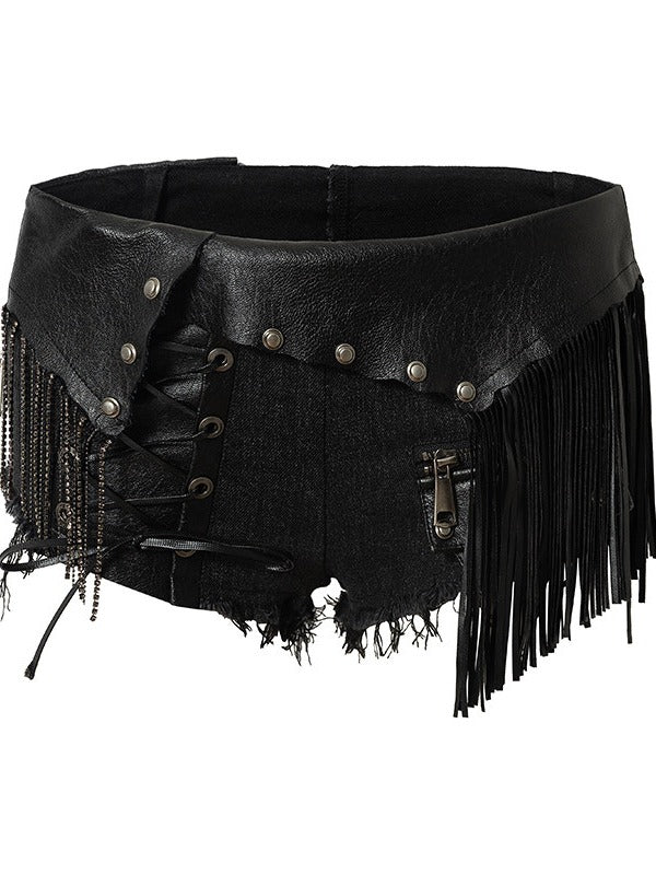 Punk Black Denim Shorts with Leather Panels & Chains - NO ROMANCE