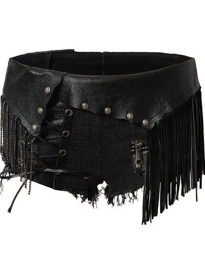 Punk Black Denim Shorts with Leather Panels & Chains - NO ROMANCE