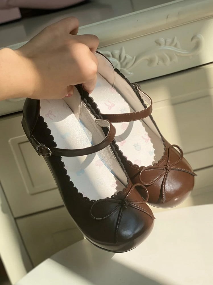 with Bow Toe Sweet Accents Mary Lolita Janes Brown 3cm Low-heel Round