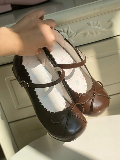 with Bow Toe Sweet Accents Mary Lolita Janes Brown 3cm Low-heel Round