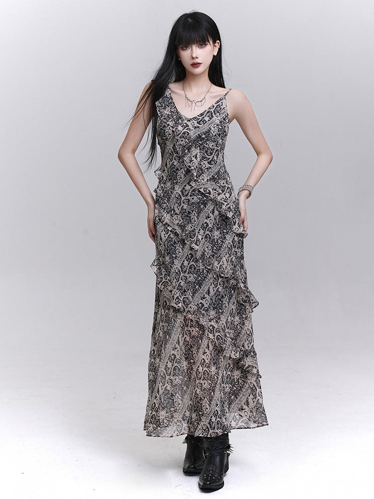 Cascading Trim Ankle-Length with Gothic Dress Gray Ruffle A-Line Tie-Dye