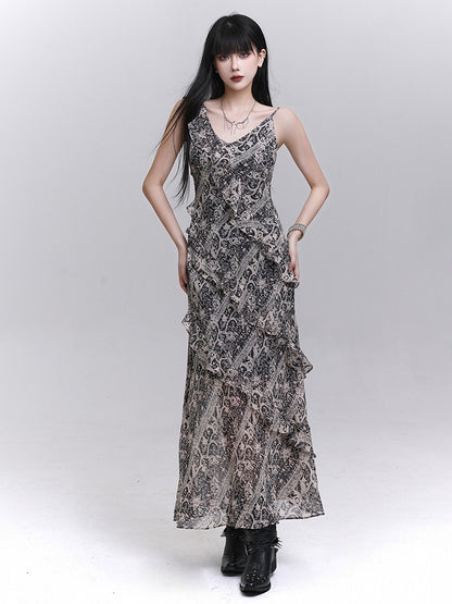 Cascading Trim Ankle-Length with Gothic Dress Gray Ruffle A-Line Tie-Dye