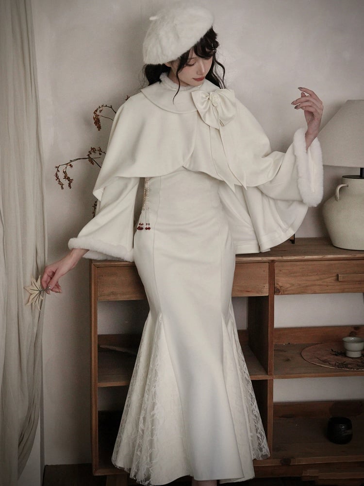 オフホワイト アシンメトリー ラウンド フラットカラー ハイローヘム ケープ