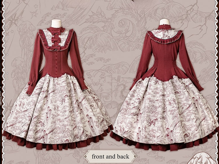 Animals Long-Sleeve Elegant White Print Lolita Forest Piece One Red