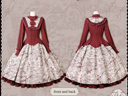 Animals Long-Sleeve Elegant White Print Lolita Forest Piece One Red