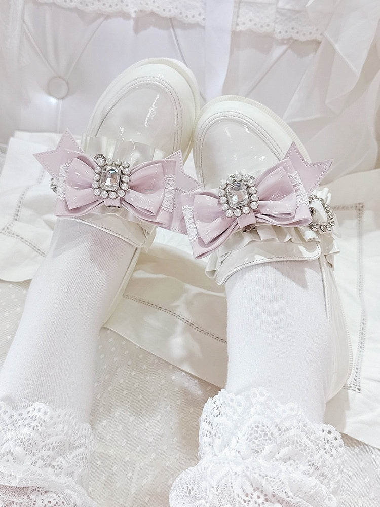 Pink Bowknot Decor Kei Shoe Jirai Black Pink/White Clips Beaded -