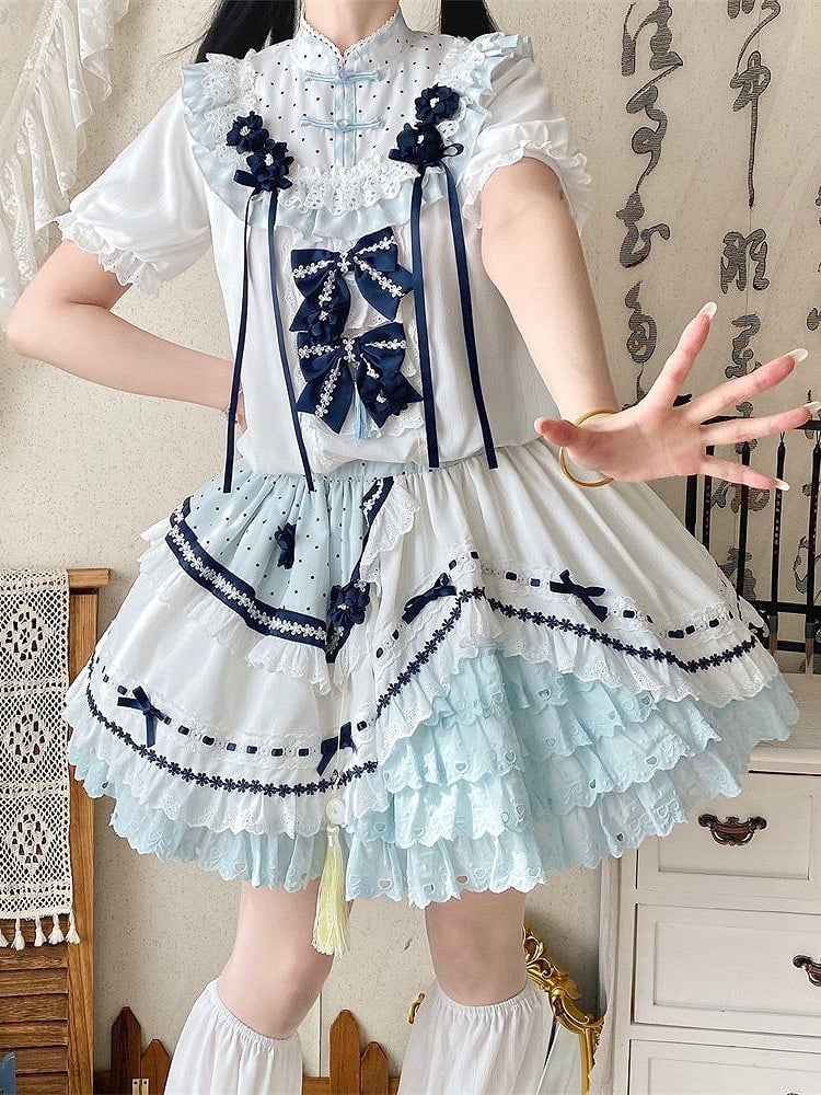 and White Banded Lolita Han Accents Blue Flower Collar Bow Dress with Puff Sleeves