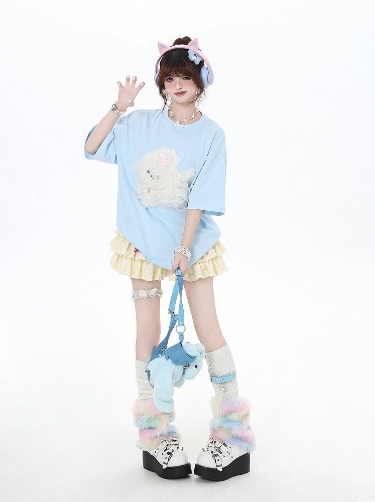 Black/Light Blue/Light Gray Plush Puppy Applique Loose T-Shirt