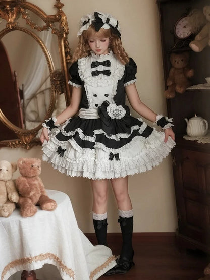 Black Embroidery Ruffle Neckline Layered and Sweet Lolita with Lamb White Bow Dress Accents