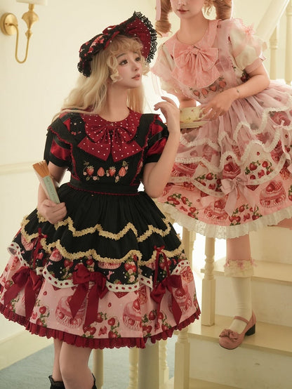 ストロベリープリントの黒と赤のスイートピーターパンカラーロリータワンピースフルセット