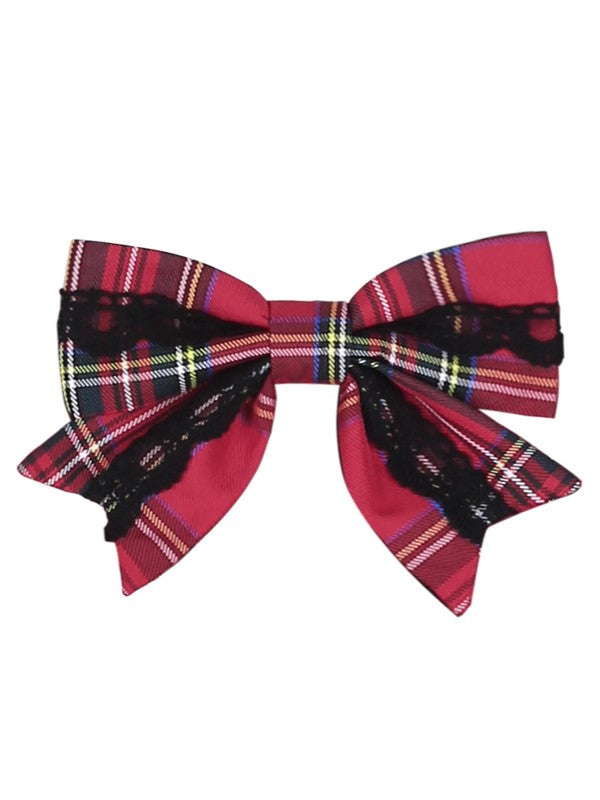Christmas Red Plaid Bow Tie with Lace Trim