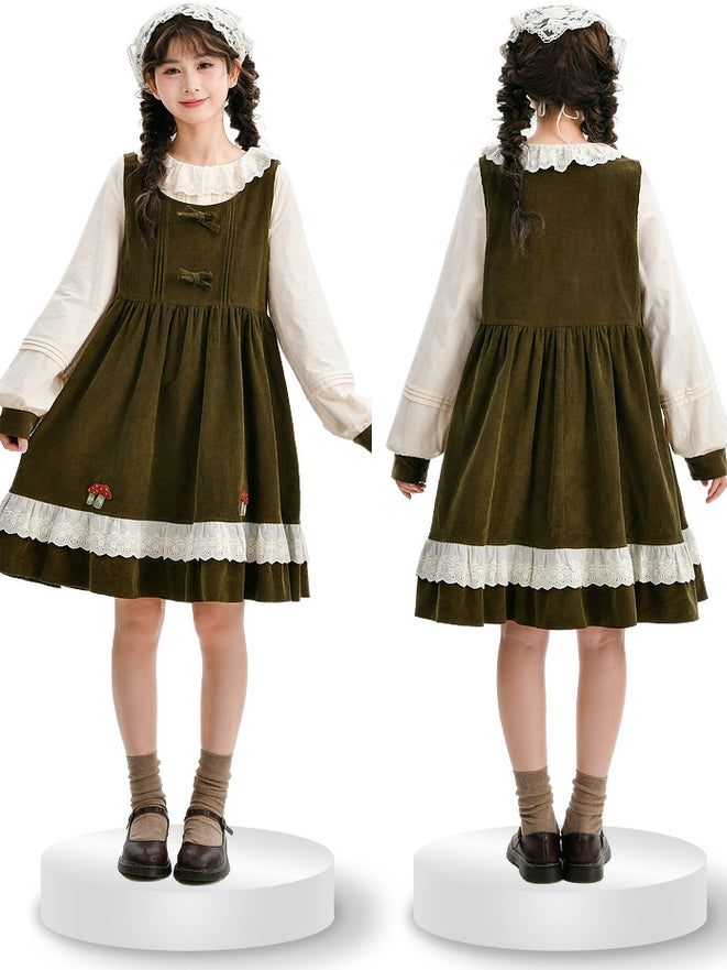 Green Mori Kei Bowknot Details Corduroy Overall Dress