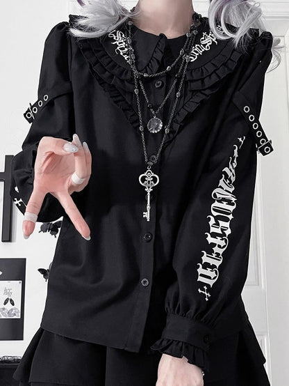 パンクディテールレターパンバックルプリントピーターブラウスカラーブラックエモ