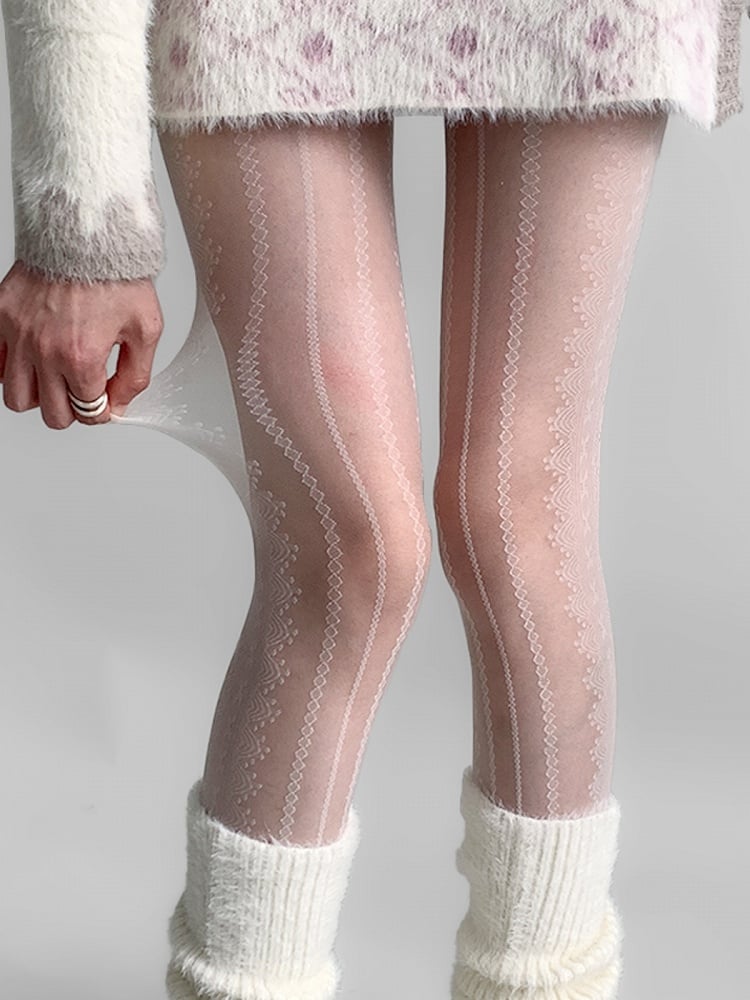 Diamond Patterned Cream Tights White/Black/Gray Plaid Lace