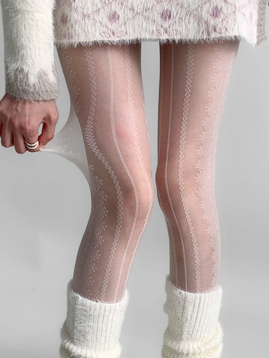 Diamond Patterned Cream Tights White/Black/Gray Plaid Lace