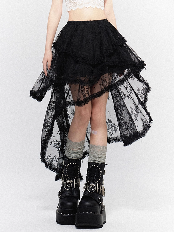 Tiered Lace Asymmetrical Hem Black Skirt with