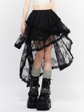 Tiered Lace Asymmetrical Hem Black Skirt with