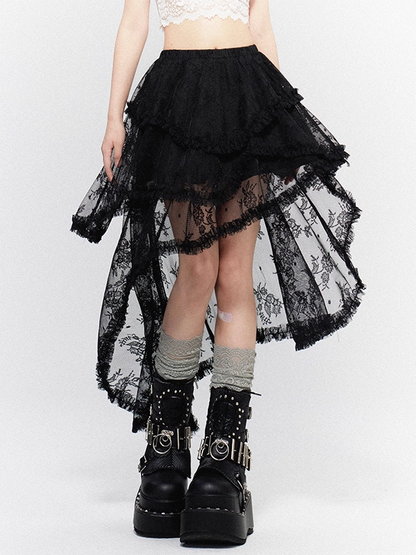 Tiered Lace Asymmetrical Hem Black Skirt with