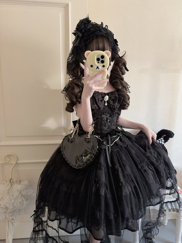 Dress Bows Hanayome-Style Multi-Layer + Overlay Lolita Apricot Full JSK Gentle Details / Rhinestone Set Lace with