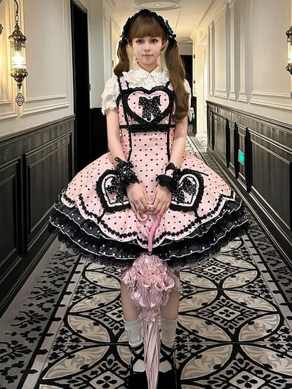 Sweet Lolita Pink Dress Heart Bows and Black Lace-Trimmed Motifs with