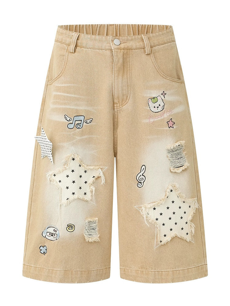 Apricot Distressed Wide-Leg Cropped Denim Pants with Puppy Embroidery & Star Patterns - Languid Park
