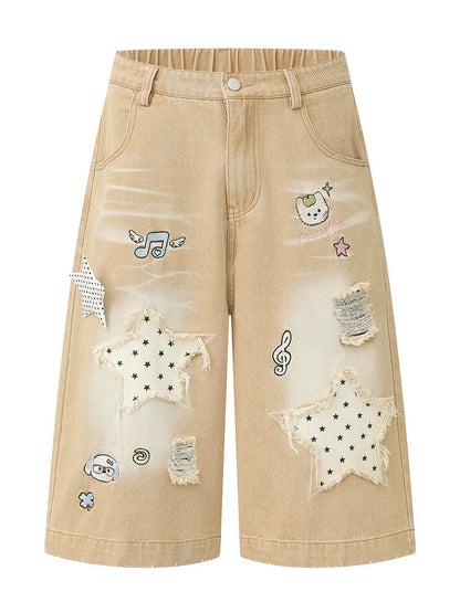 Apricot Distressed Wide-Leg Cropped Denim Pants with Puppy Embroidery & Star Patterns - Languid Park