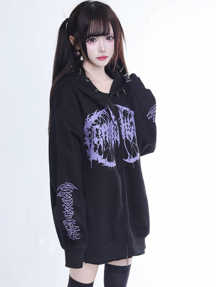 Zip Jirai Hoodie Rivet-Decorated Purple Kei Black Printed