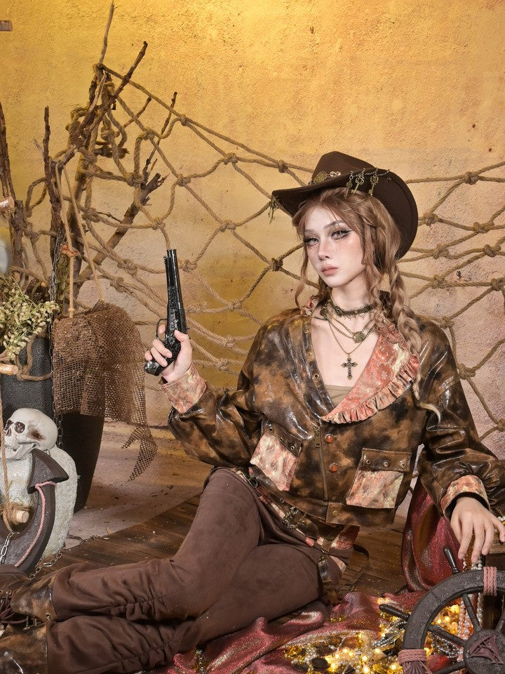 PU Brown Suspenders Orange Detachable V-Waistband Suede Lace Steampunk with Pants