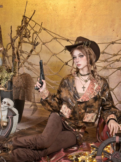 PU Brown Suspenders Orange Detachable V-Waistband Suede Lace Steampunk with Pants