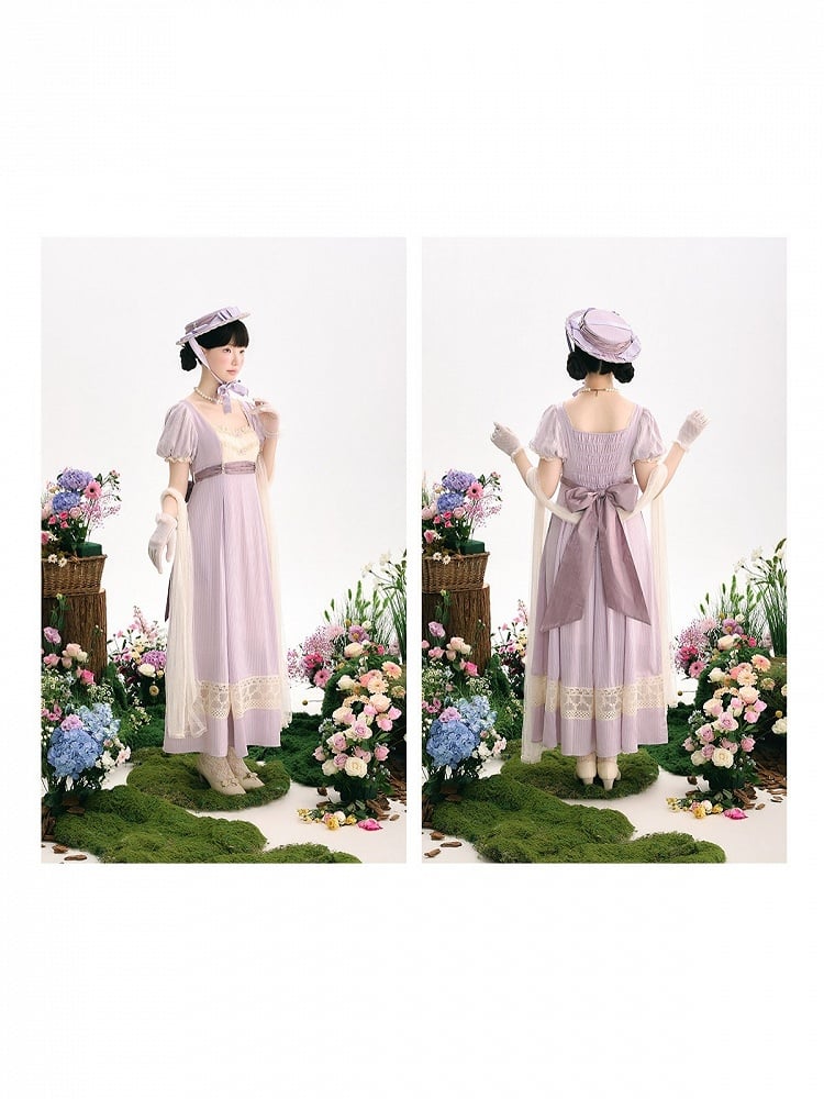 Elegant Purple High-Waisted Empire Lolita OP Gown with Lace Accents - KOMOMO