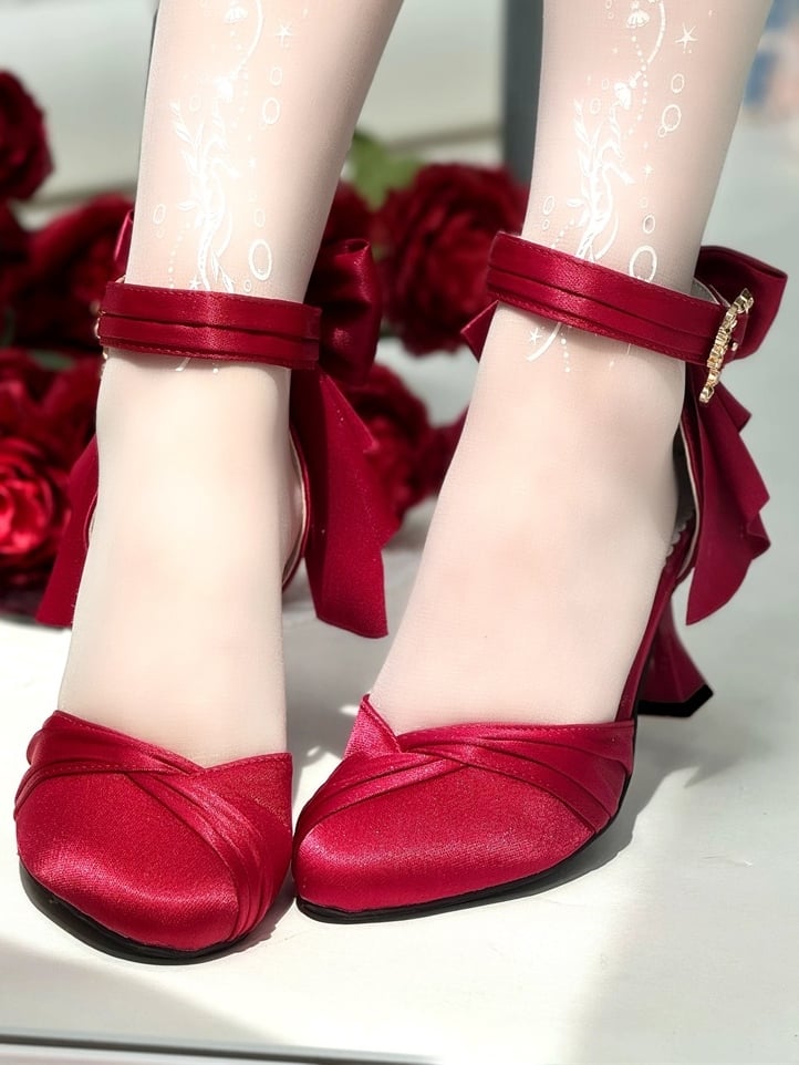 Design Red Classic - Bow Detailing Wine Inspired Sandals Heart Buckle High-heel Lolita