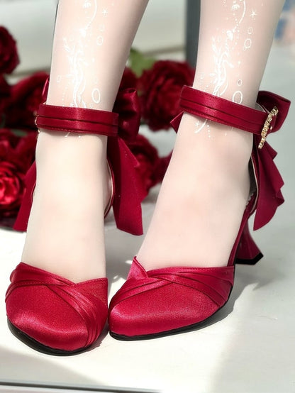 Design Red Classic - Bow Detailing Wine Inspired Sandals Heart Buckle High-heel Lolita