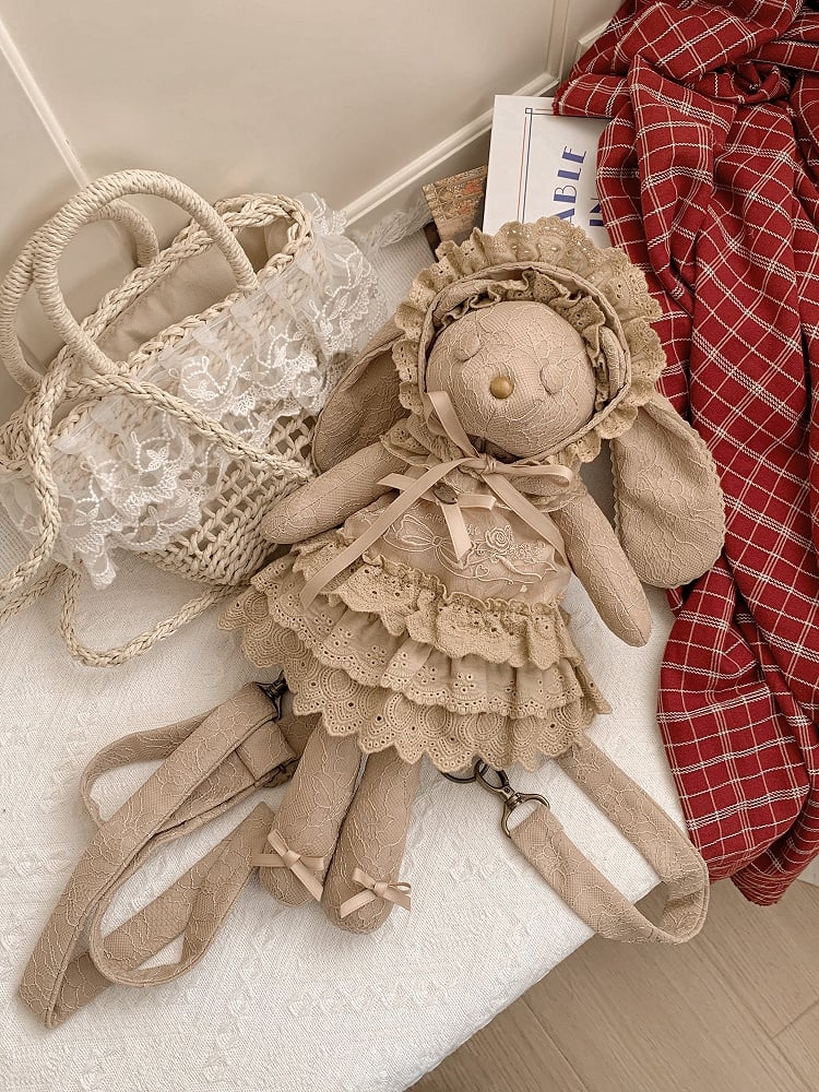Brown Rosette and Bowknot Embroidery Dress + Bunny Ears Hat