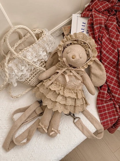 Brown Rosette and Bowknot Embroidery Dress + Bunny Ears Hat