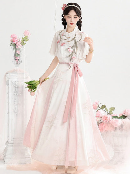 White and Pink Chinese Floral Embroidered Capelet with Chiffon Top and Skirt - Unknown Star