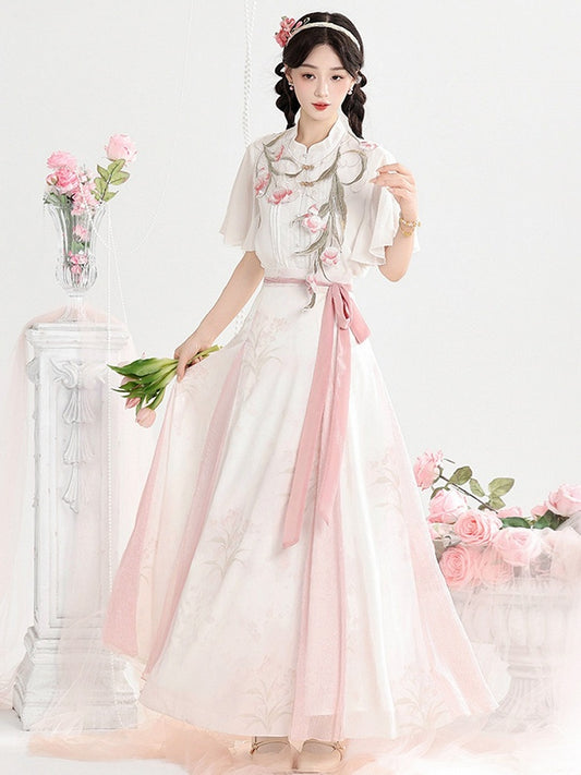 White and Pink Chinese Floral Embroidered Capelet with Chiffon Top and Skirt - Unknown Star