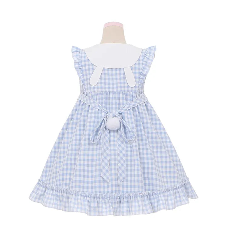 Blue Pockets Heart-shaped Sweet Dress Bowknots Plaid Flutter Sleeves Light