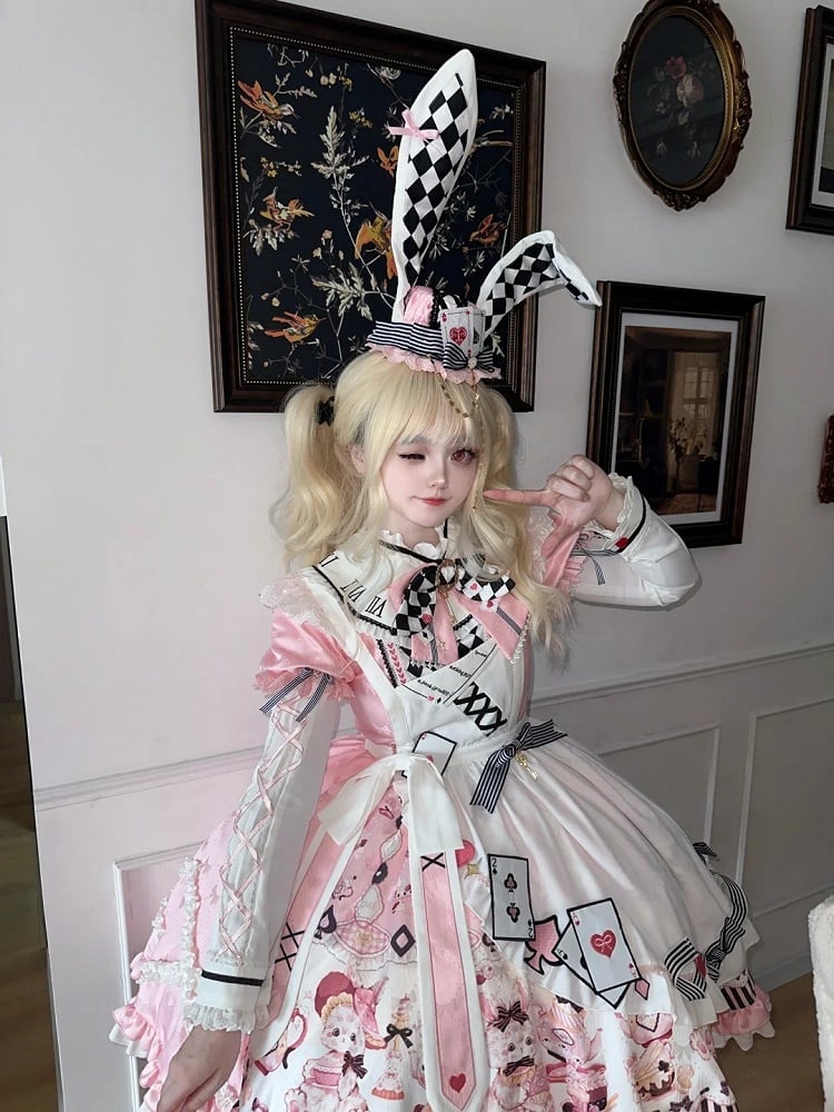 Sweet Lolita Apron Dress OP Full Set with Bunny & Teapot Print in Pink - Ying Luo Fu