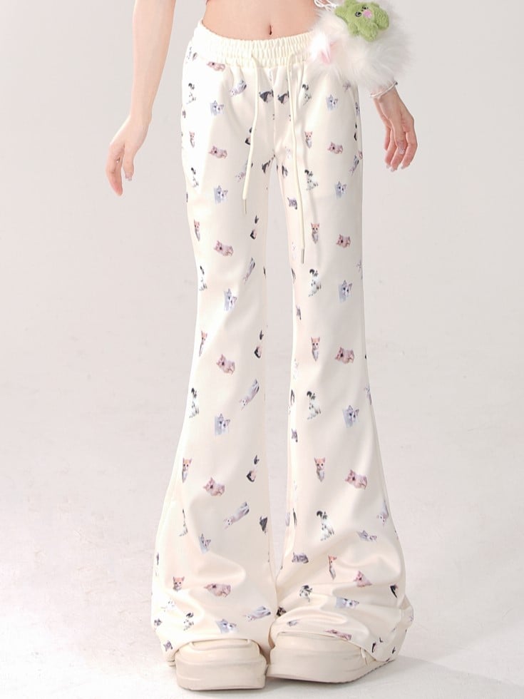 Beige Regular/Thicken Slim-Fit Flared Pants with Realistic Cat Prints and Elastic Waistband