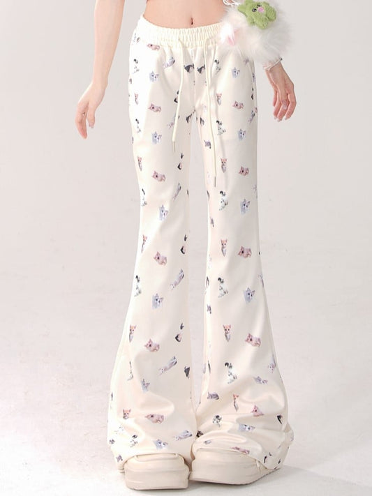 Beige Regular/Thicken Slim-Fit Flared Pants with Realistic Cat Prints and Elastic Waistband