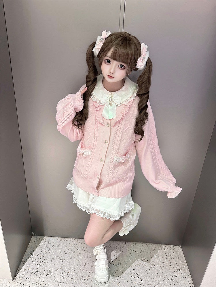 Sweet Jirai Kei Light Pink Knit Sweater with Heart-Shaped Rhinestone Buttons